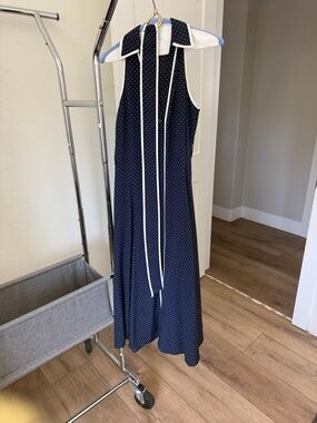 Zara Navy Polka Dot Maxi Dress with White Trim